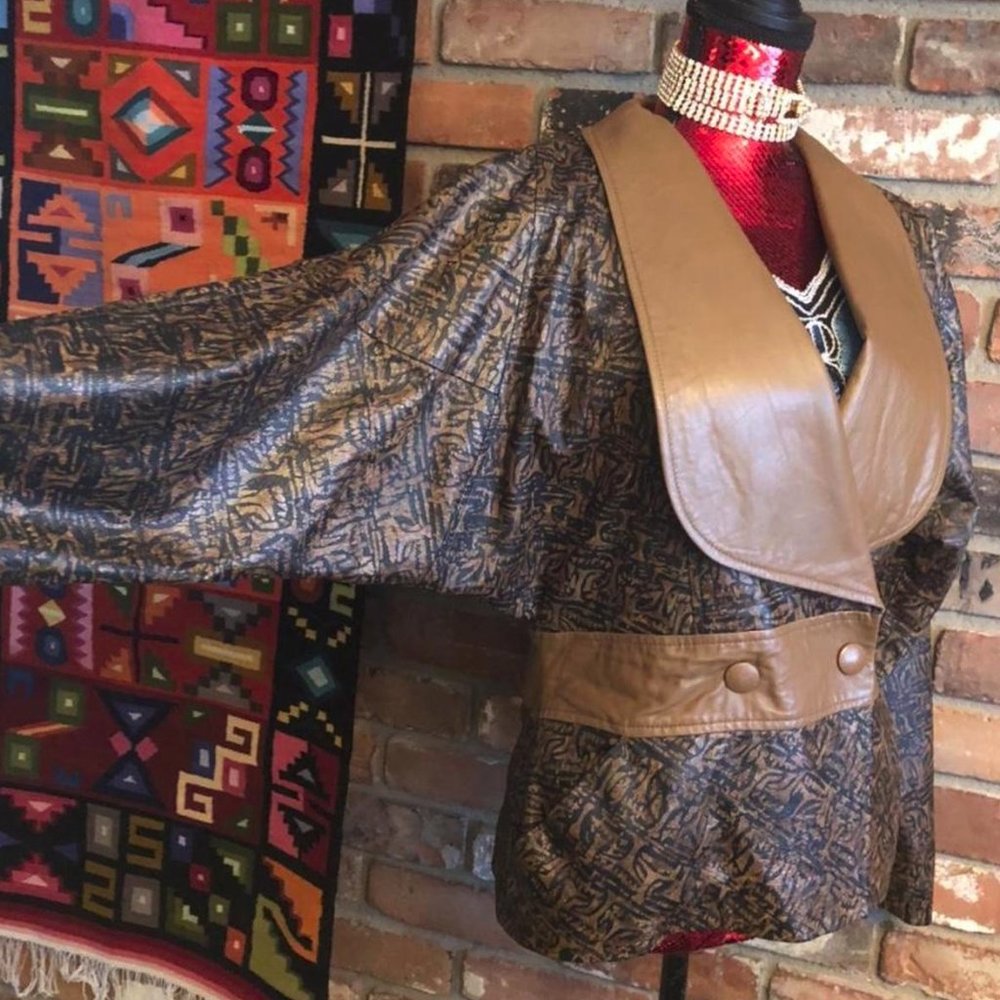 Vintage 80s Brown & Black Printed Leather Jacket,  Batwing Sleeve 42, Italy